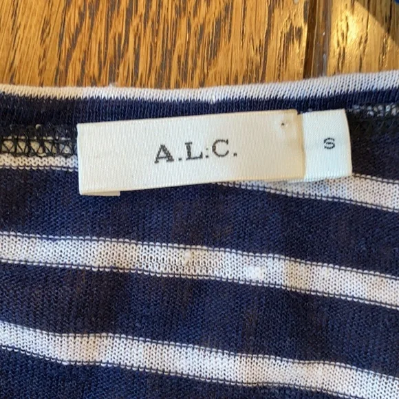 A.L.C. Combo Navy Stripe Open Back Tee Shirt Long Sleeve Linen - Picture 4 of 8